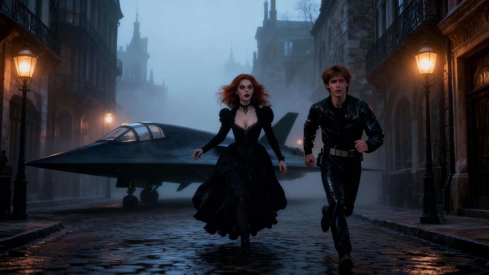 Hypersonic Starship and Vampires Near Gothic Mansion