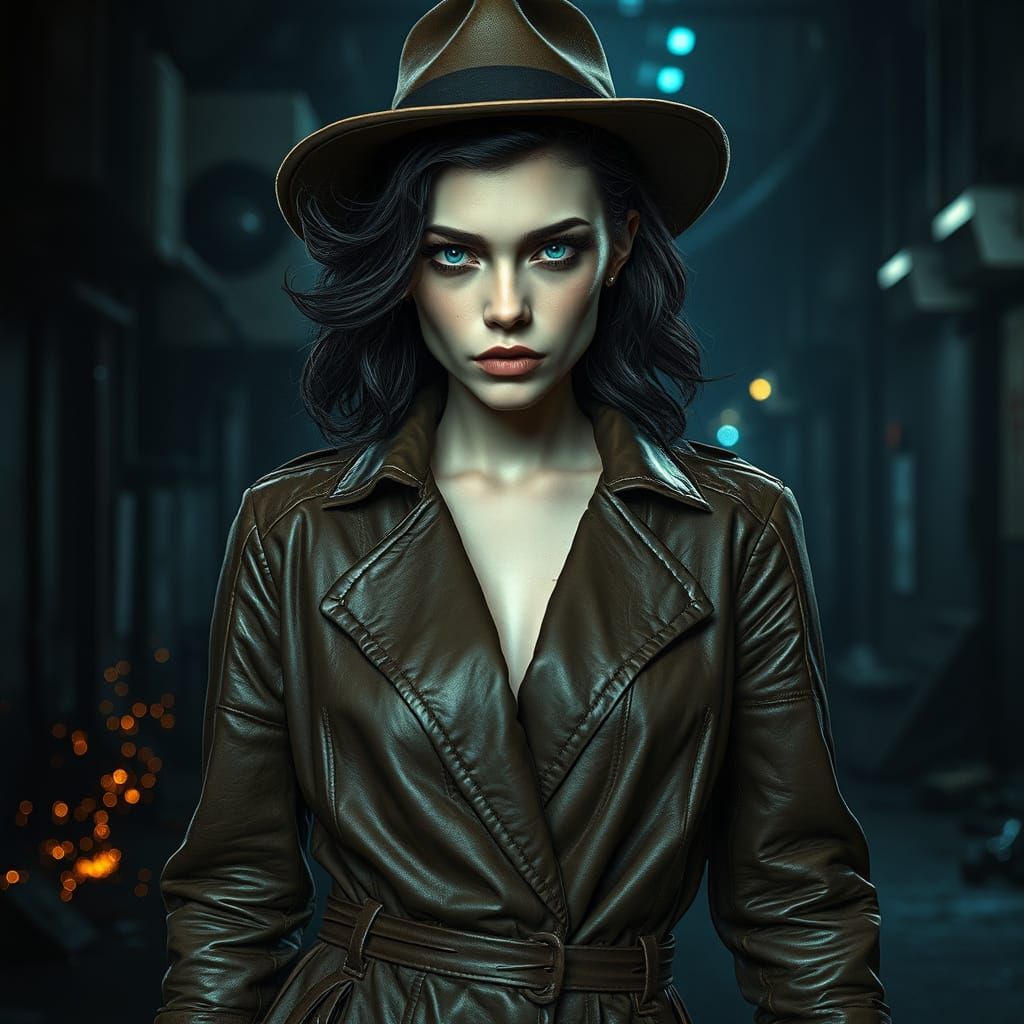 Cyberpunk Synth Woman in Noir-Inspired Post-Apocalyptic Port...