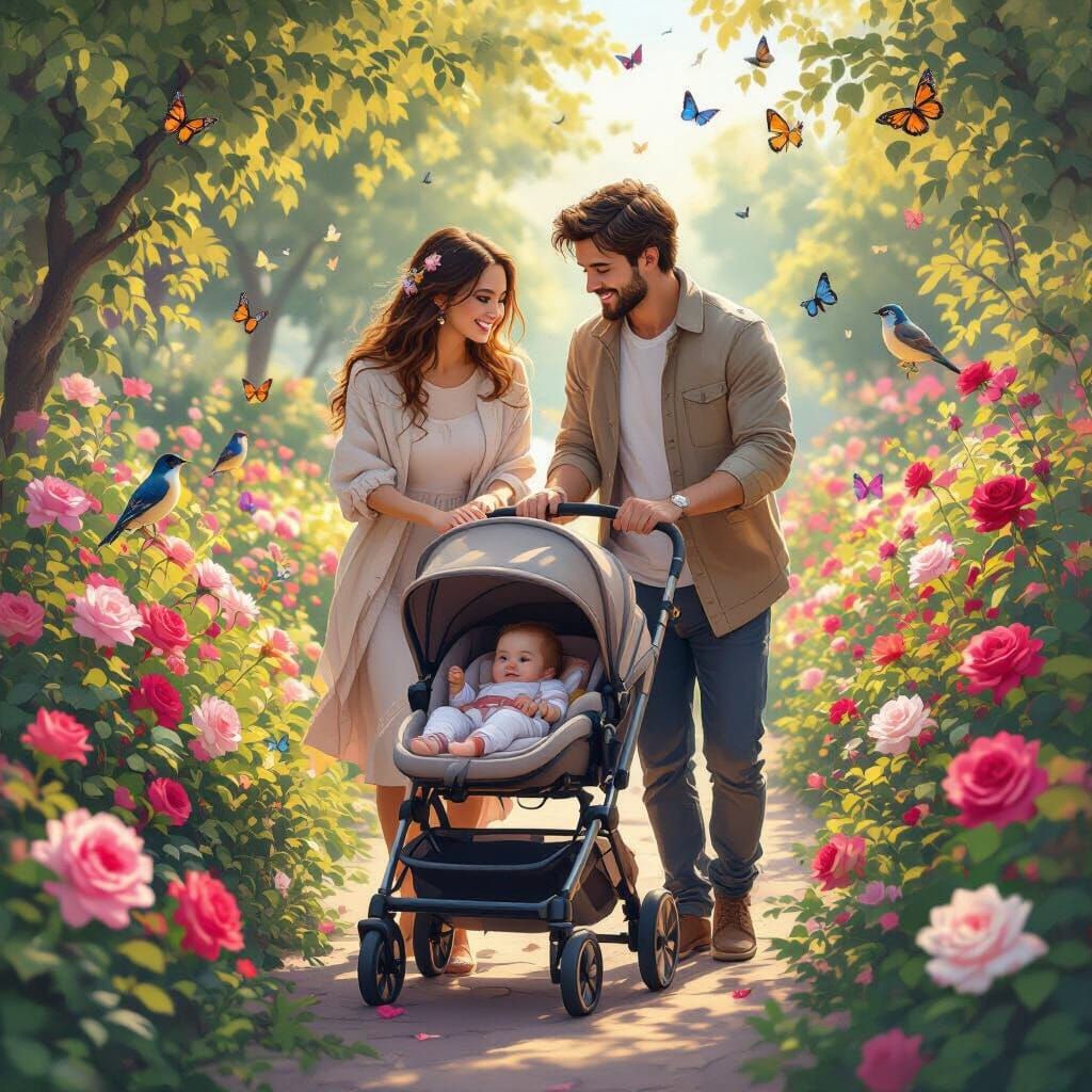 Loving Couple with Baby in Rose Garden