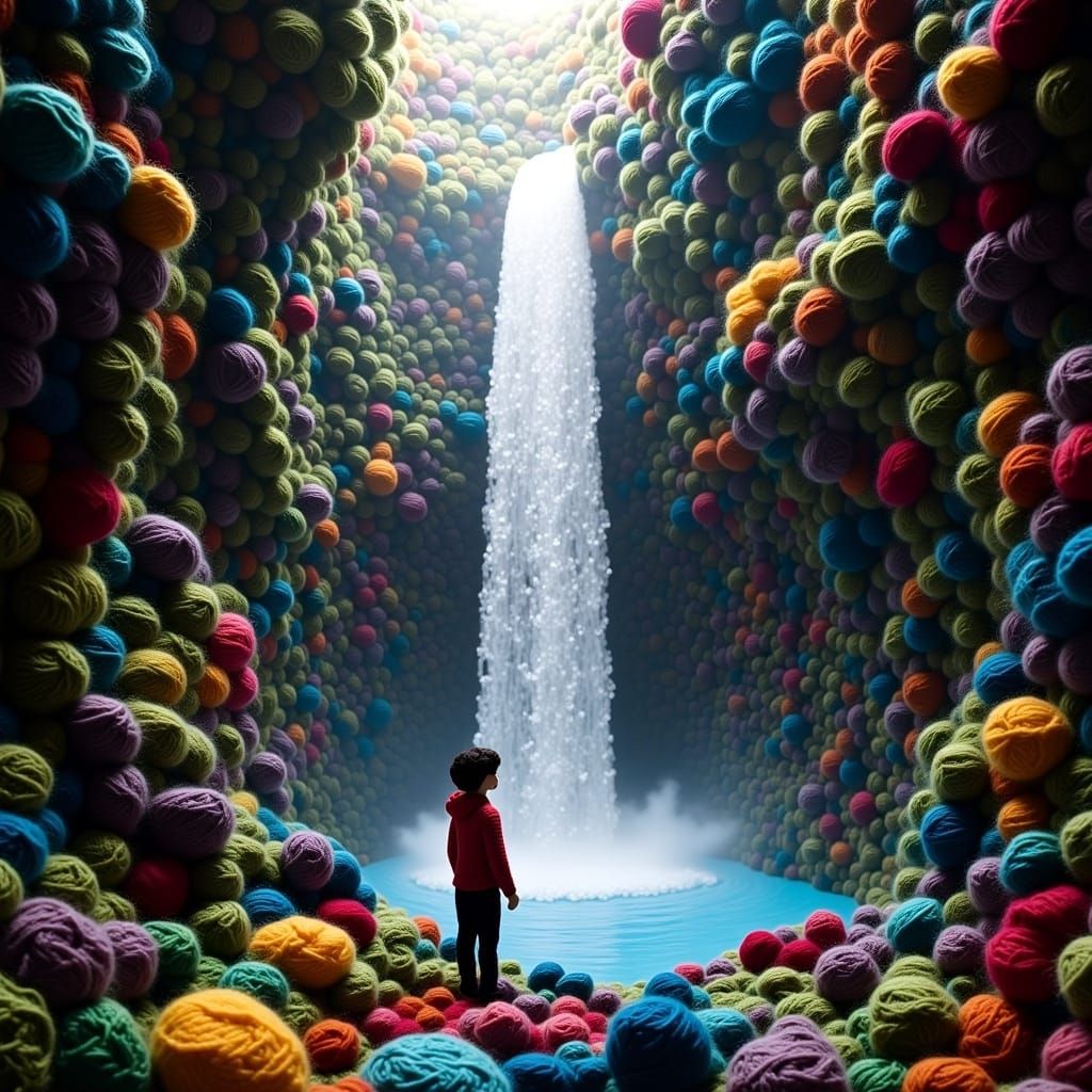 Yarn Person Underneath a Crochet Waterfall