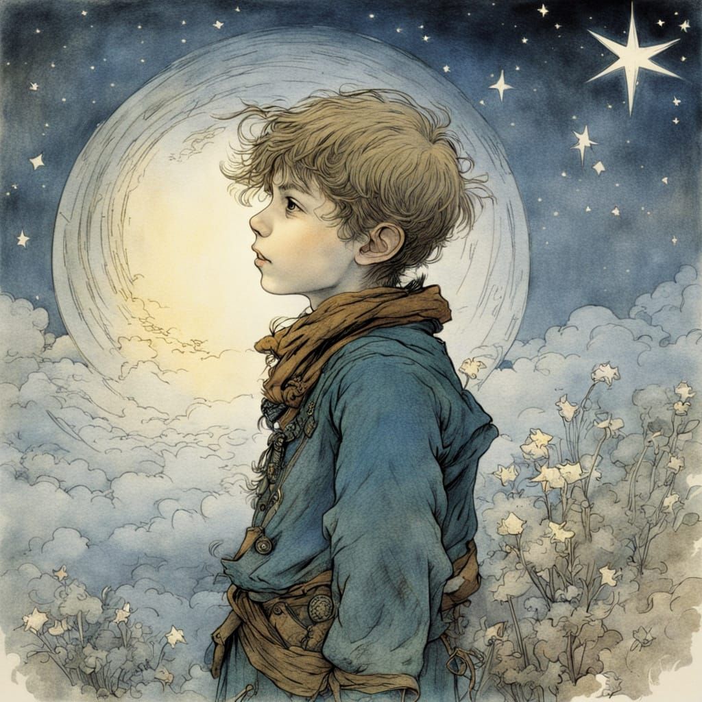 Whimsical Boy Basks in Starry Night Sky