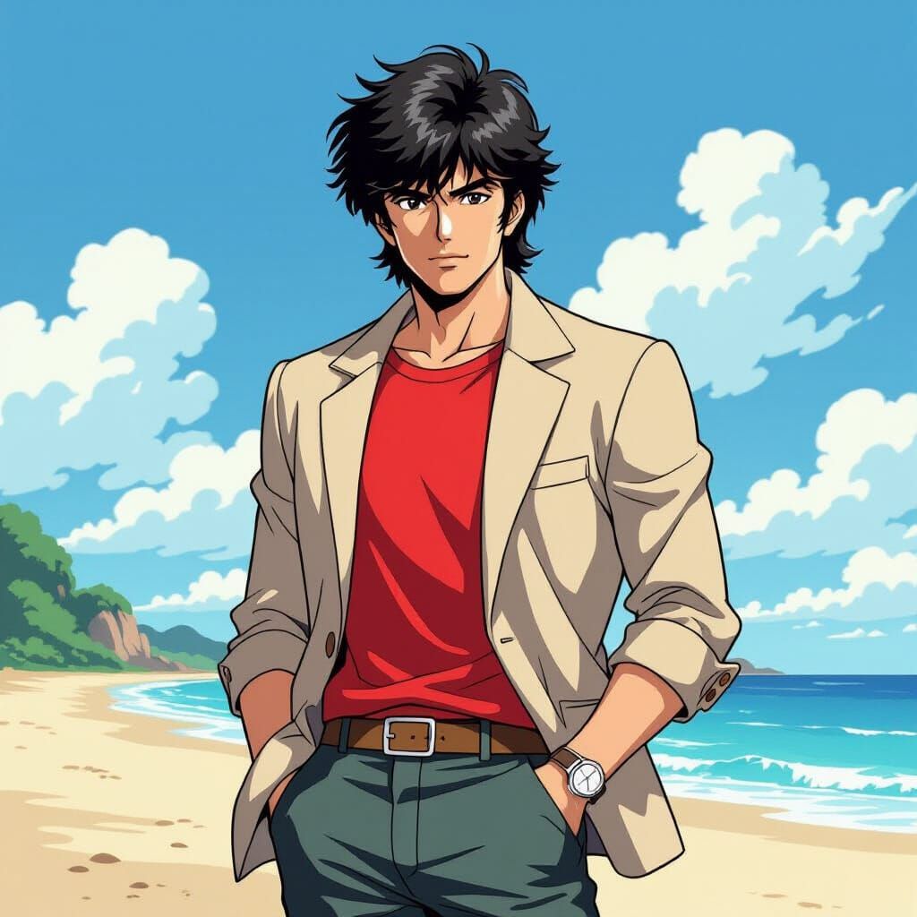 City Hunter's Ryo Saeba Meets Creator on Beach in Anime Styl...