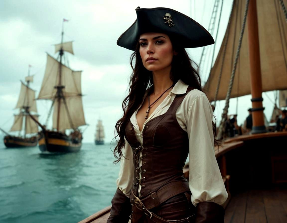 Young Female Pirate on Ship Deck