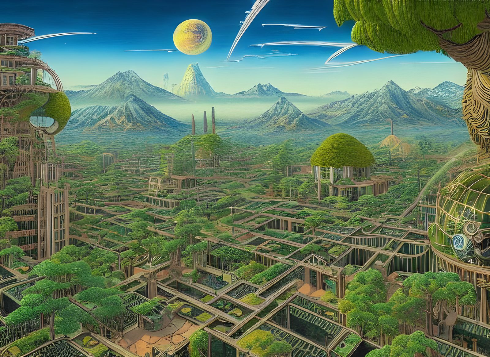 Retrofuturistic Solarpunk City in Surreal Landscape