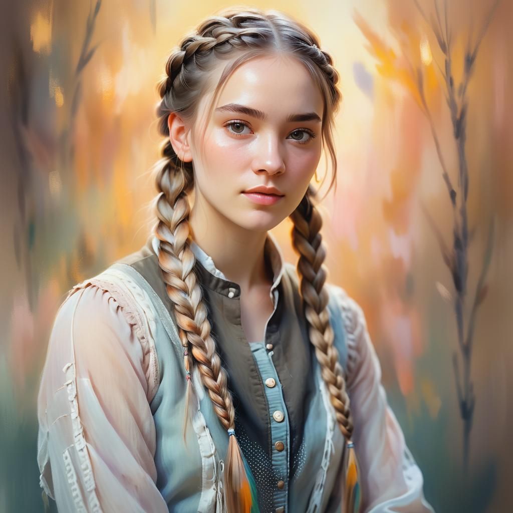 young woman with two braids - portrait painting