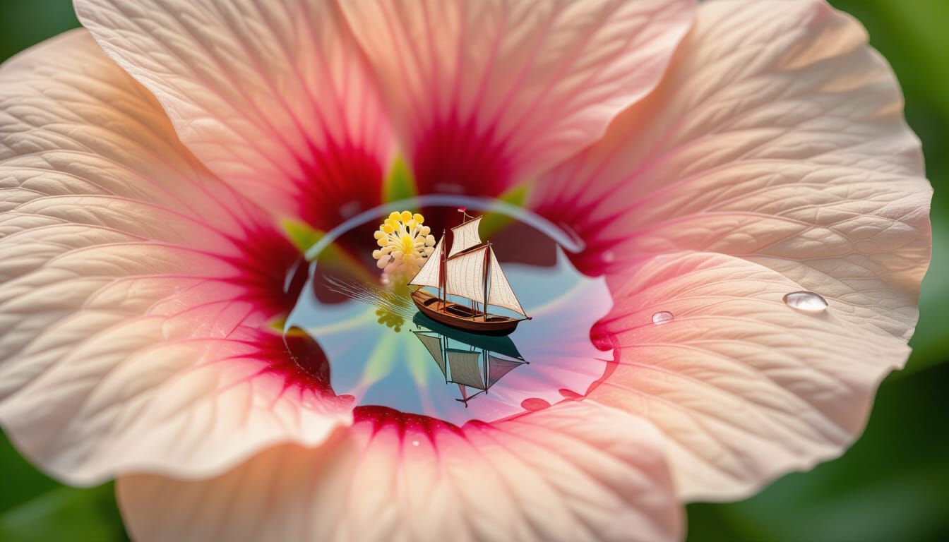 Tiny Ship Sails Dewdrop on Hibiscus Petal