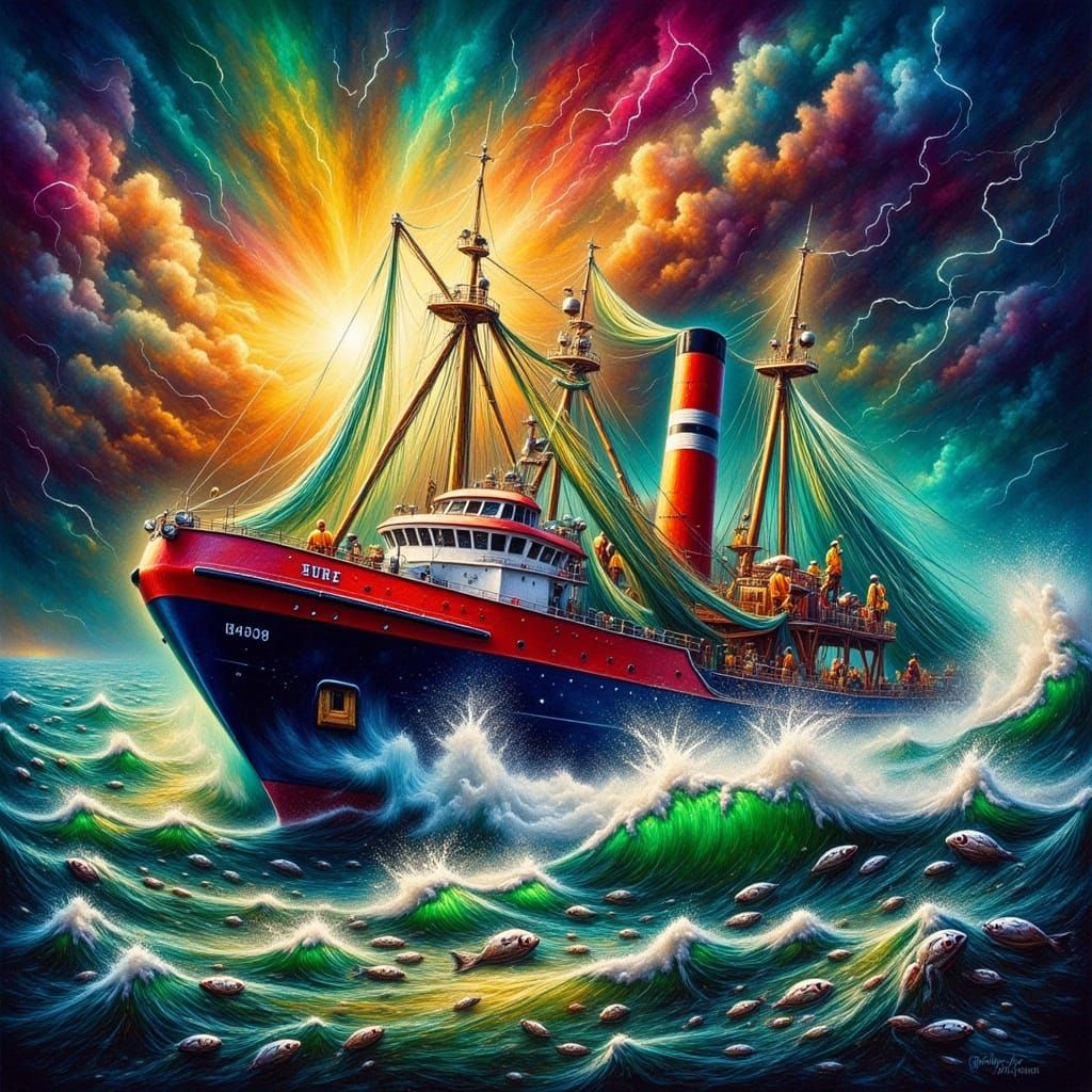 Fishing Trawler at Dawn in Colorful Abstract Style