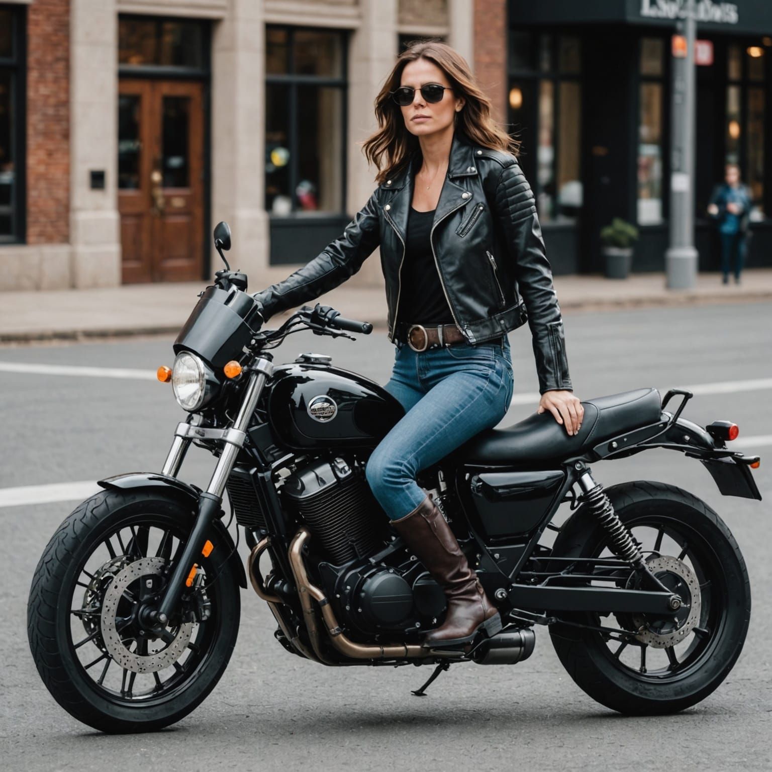 Woman on Motorcycle in Leather Outfit