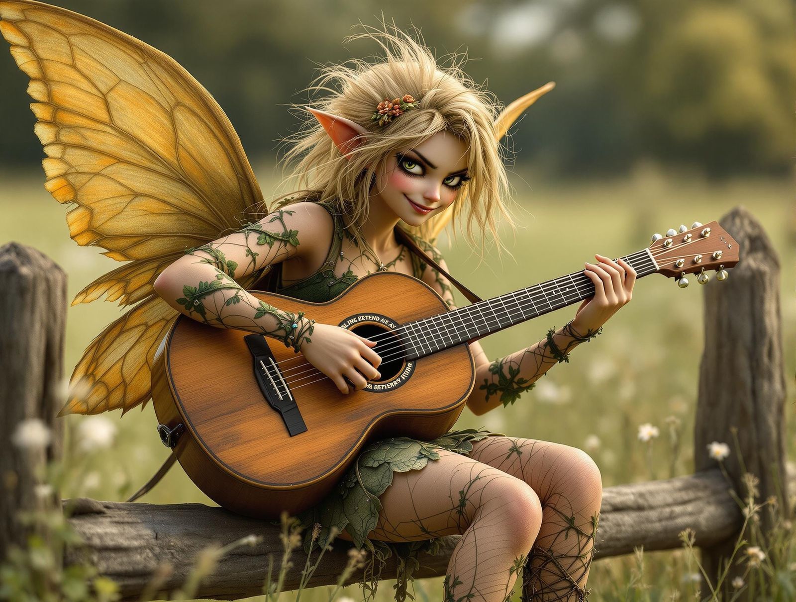 Hyperrealistic Fairy Plays Guitar on Country Fence