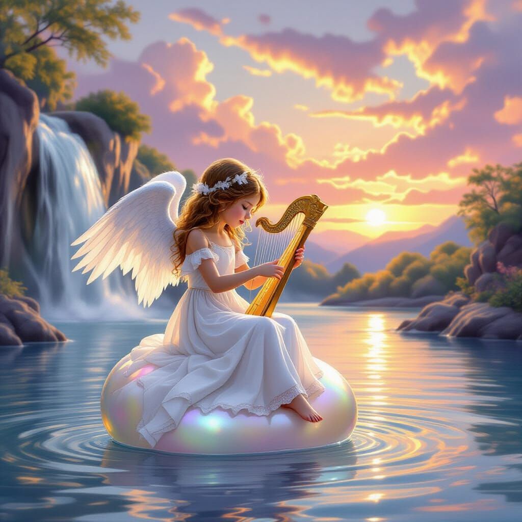 Angel Plays Harp on Bubble at Sunset