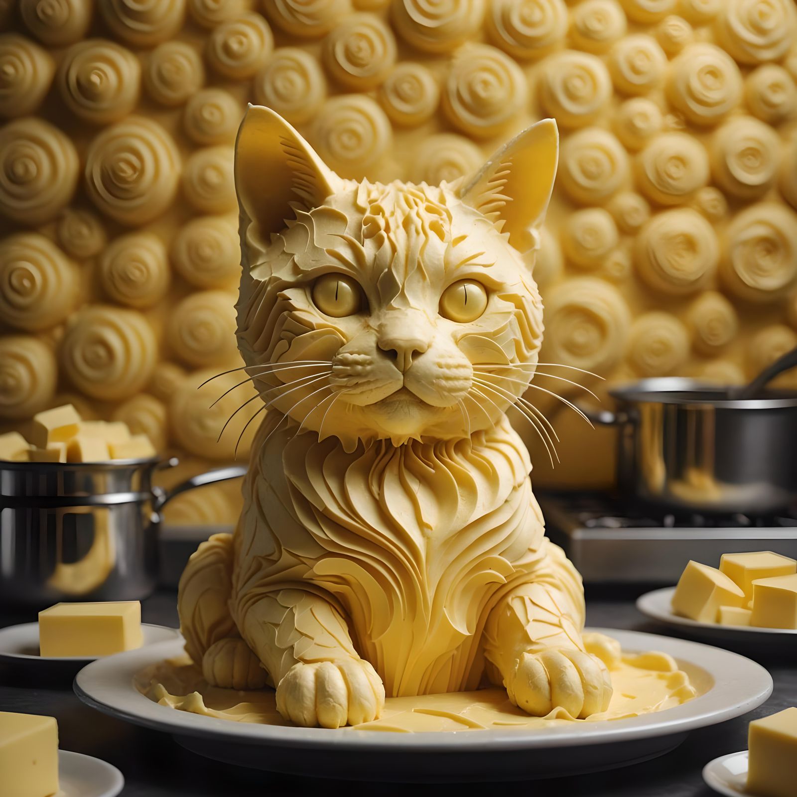 Hyperrealistic Butter Sculpture of a Cat