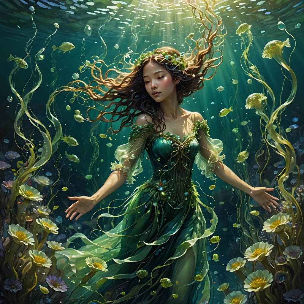 Aquatic Maiden Emerges from Enchanted Green Ocean