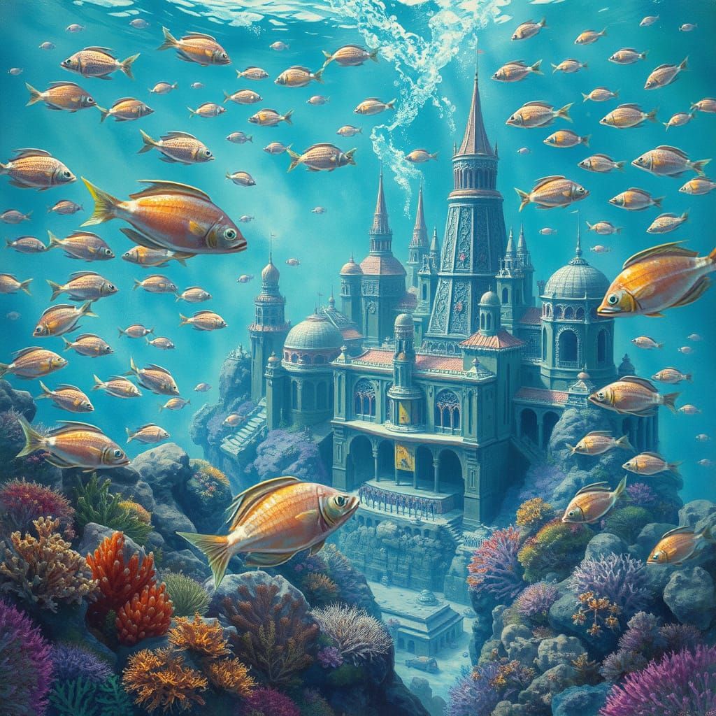 Dreamy Underwater City of Atlantis with Iridescent Fish