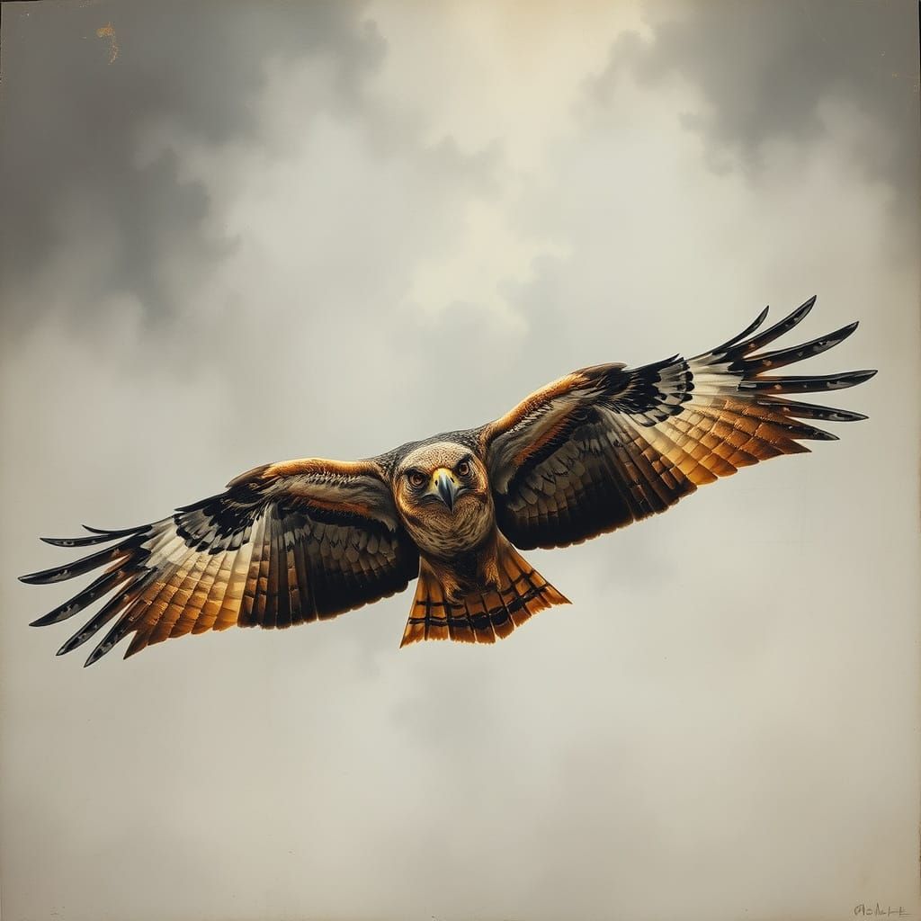 Hawk Soaring in Mixed-Media Style