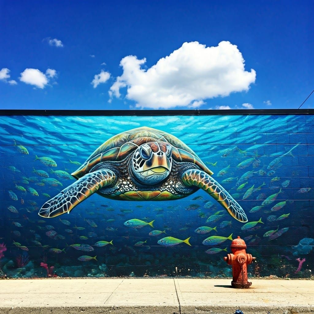Turtle Mural with Fire Hydrant in Street Art Style