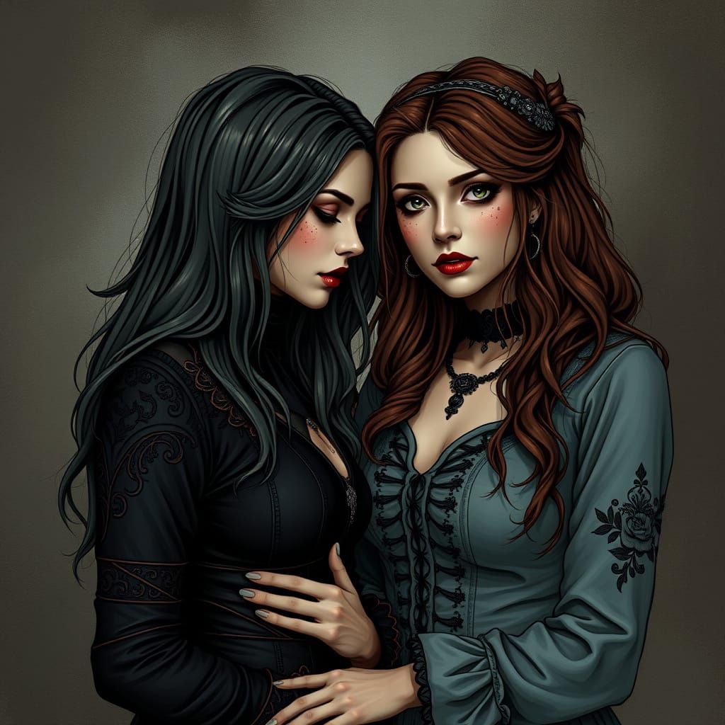 Gothic Soulmate Lesbian Lovers Realistic Portrait