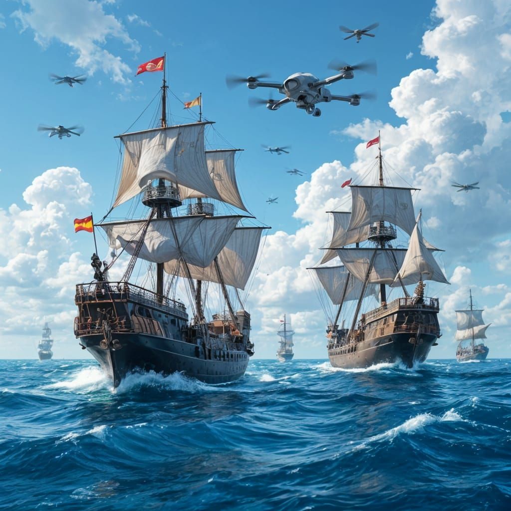 Epic Concept Art of Innovative Flotilla Ship with Drones