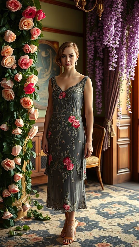 Flapper Girl in Art Deco Room with Floral Accents