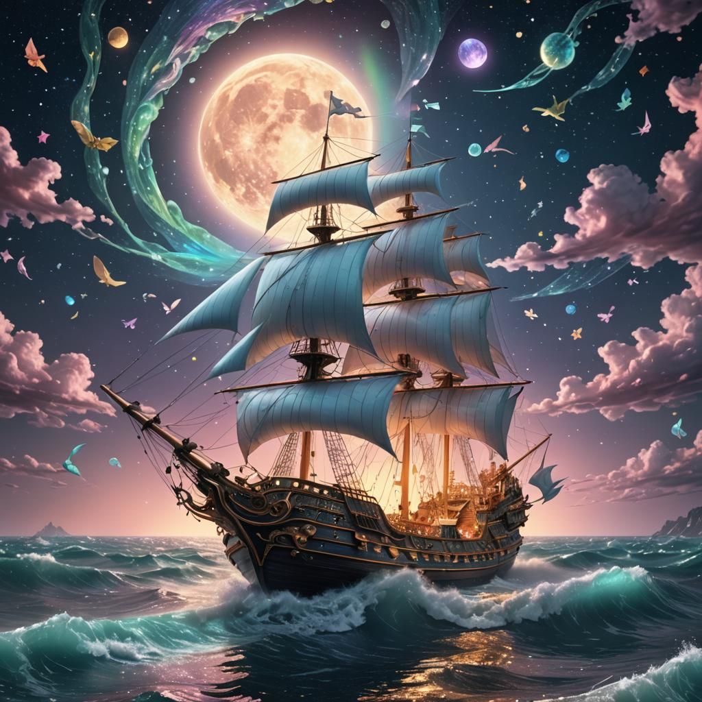 Mythological Ship Sailing Cosmic Ocean in Rococo Surrealism