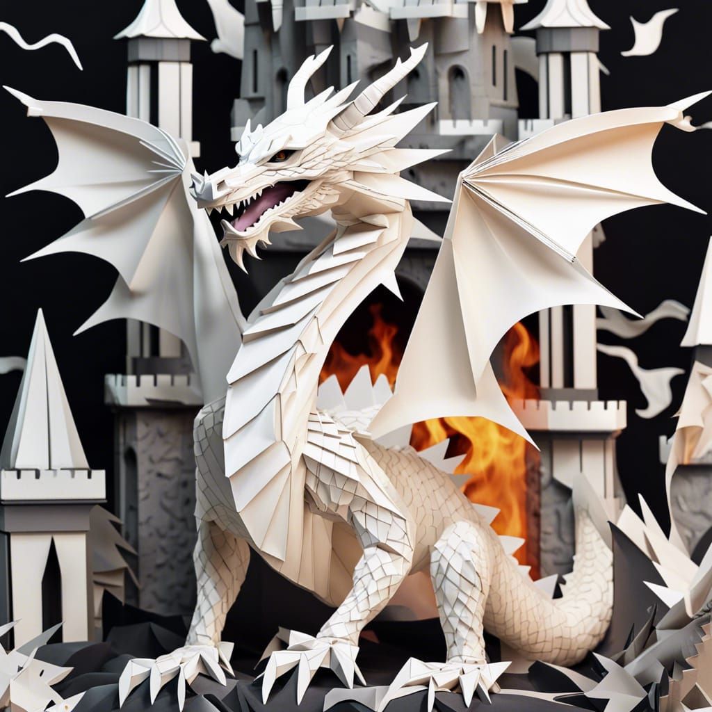 Fire-Breathing Dragon Around Castle in Origami Style