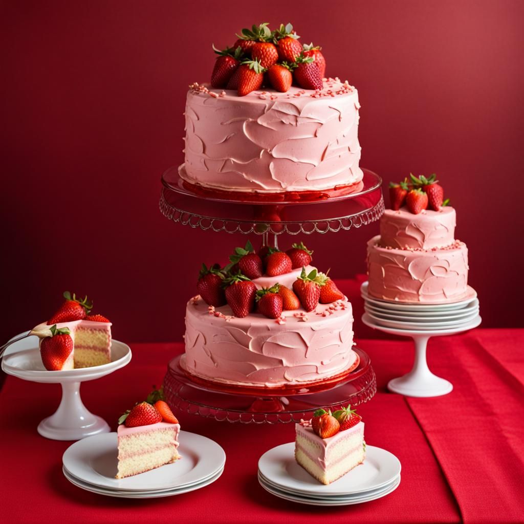 Elegant Three-Tier Strawberry Cake in Red Dining Room