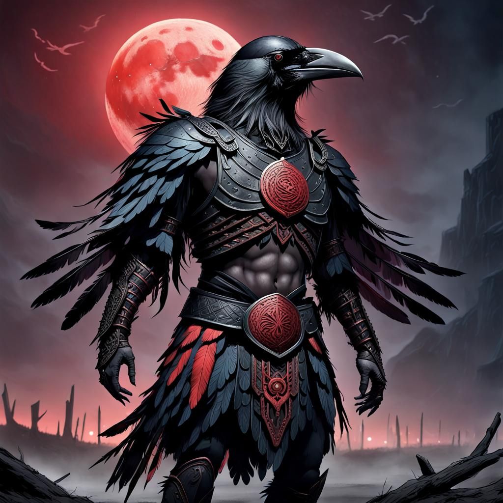Crow Warrior Under Blood Moon