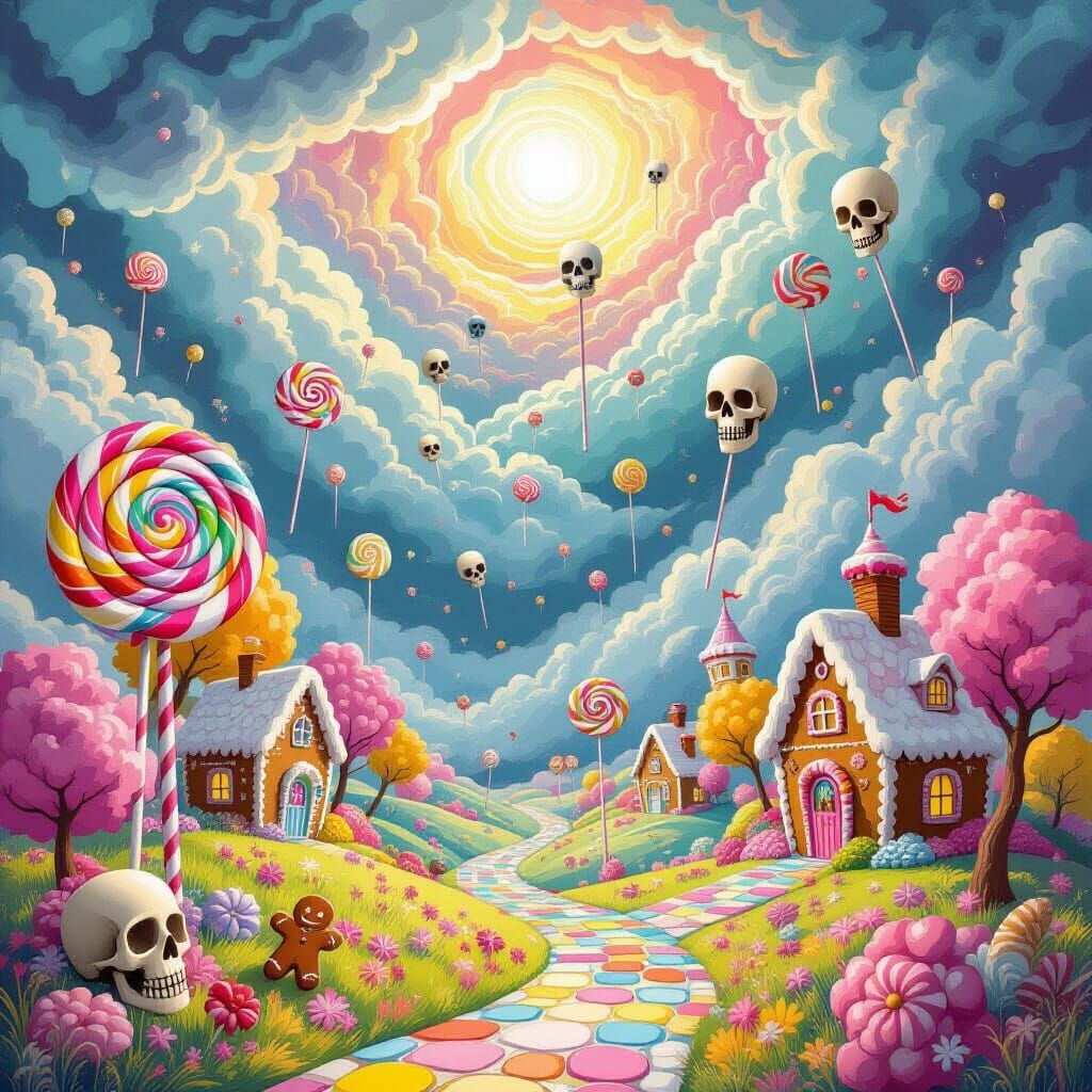 Surreal Candyland With Candy Skulls Under Turbulent Sky