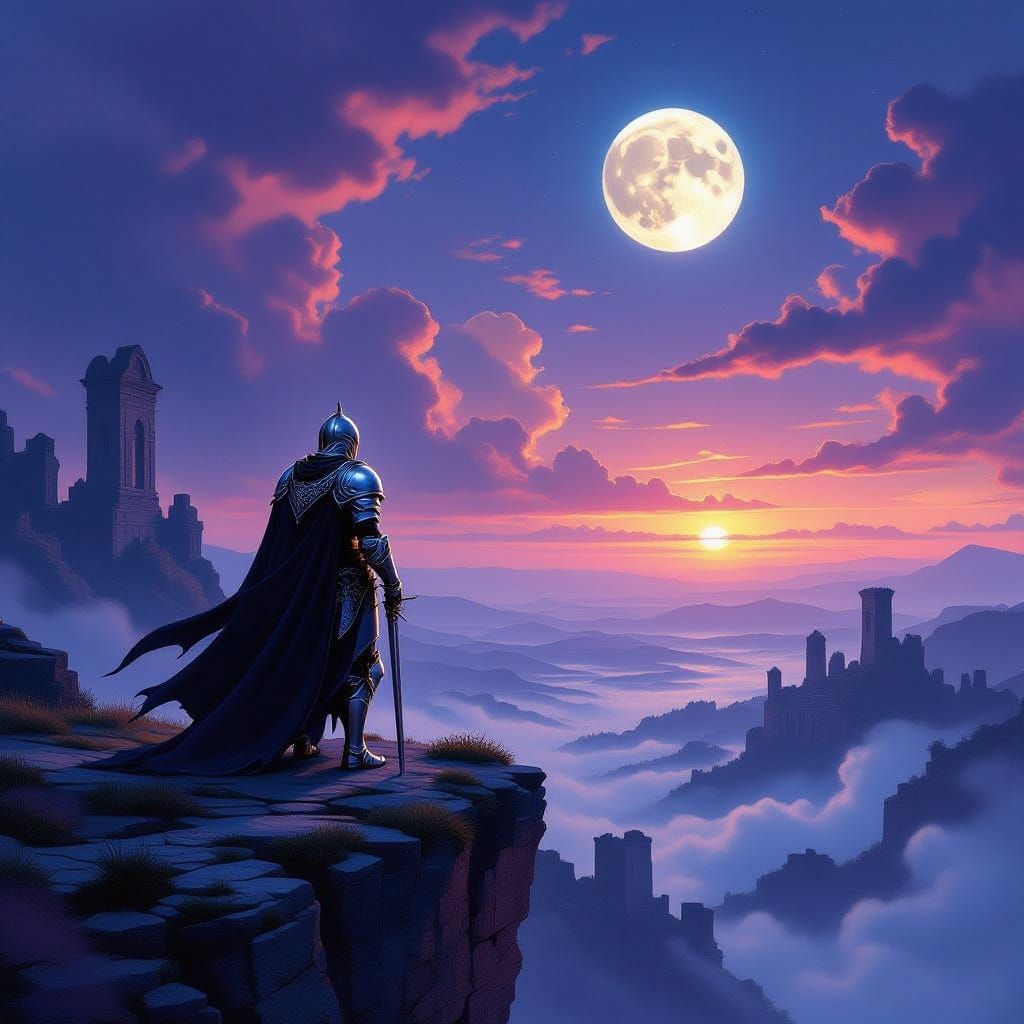 Knight on Cliff Overlooking Misty Valley with Ruins
