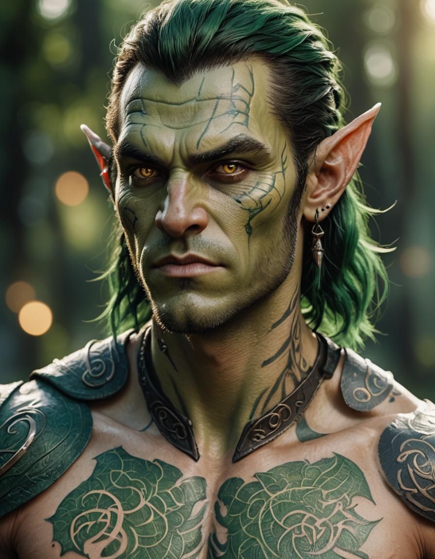 Half-Elf, Half-Orc Warlock Portrait in Fantasy Art Style