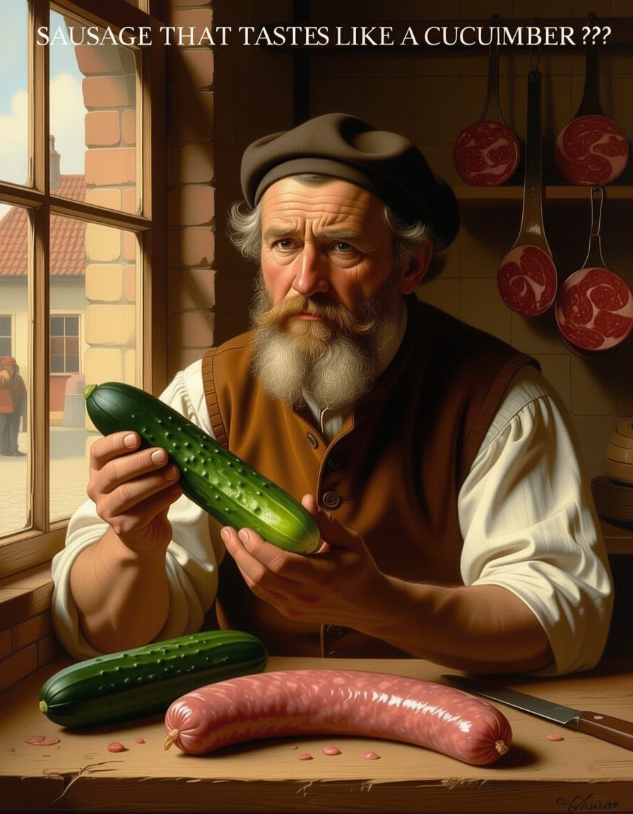 Skeptical Butcher Contemplates Cucumber Sausage