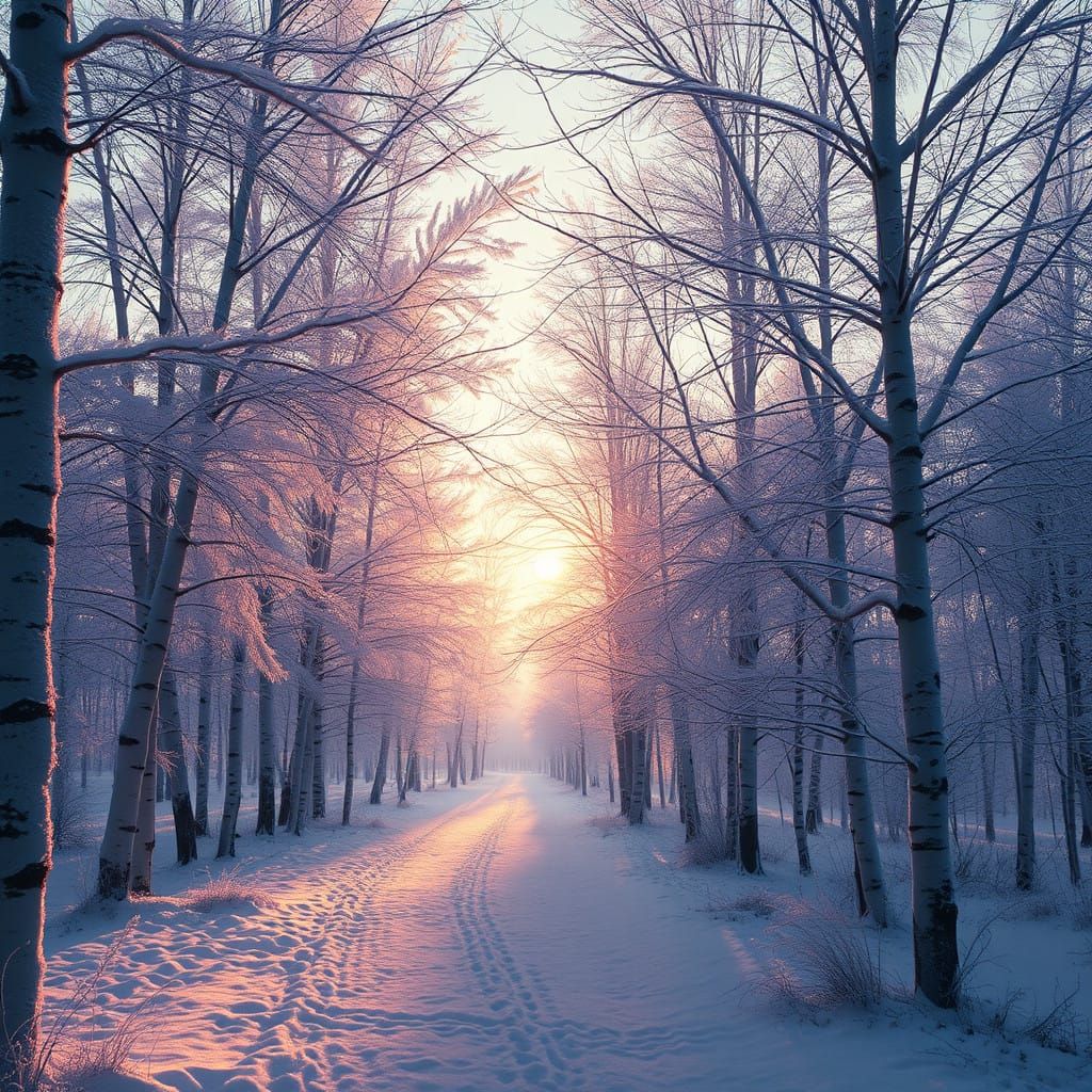 Winter Wonderland Sunrise Among Birch Trees in Hyperreal Sty...