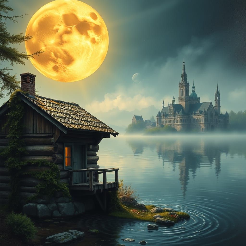 Surreal Moonlit Scene with Tranquil Lake and Medieval City