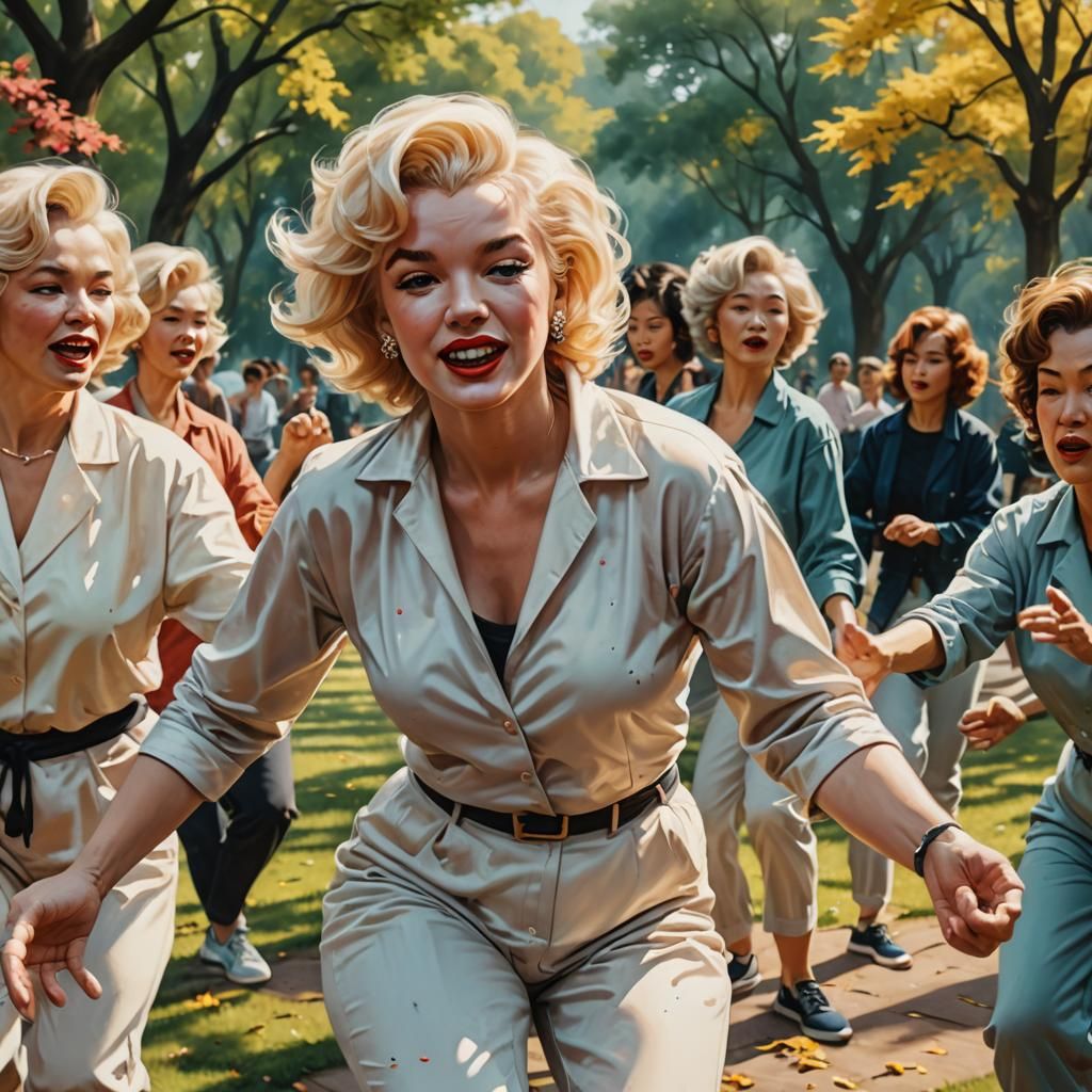 Marilyn Monroe Practicing Tai Chi in Park, Hyperrealistic Sp...