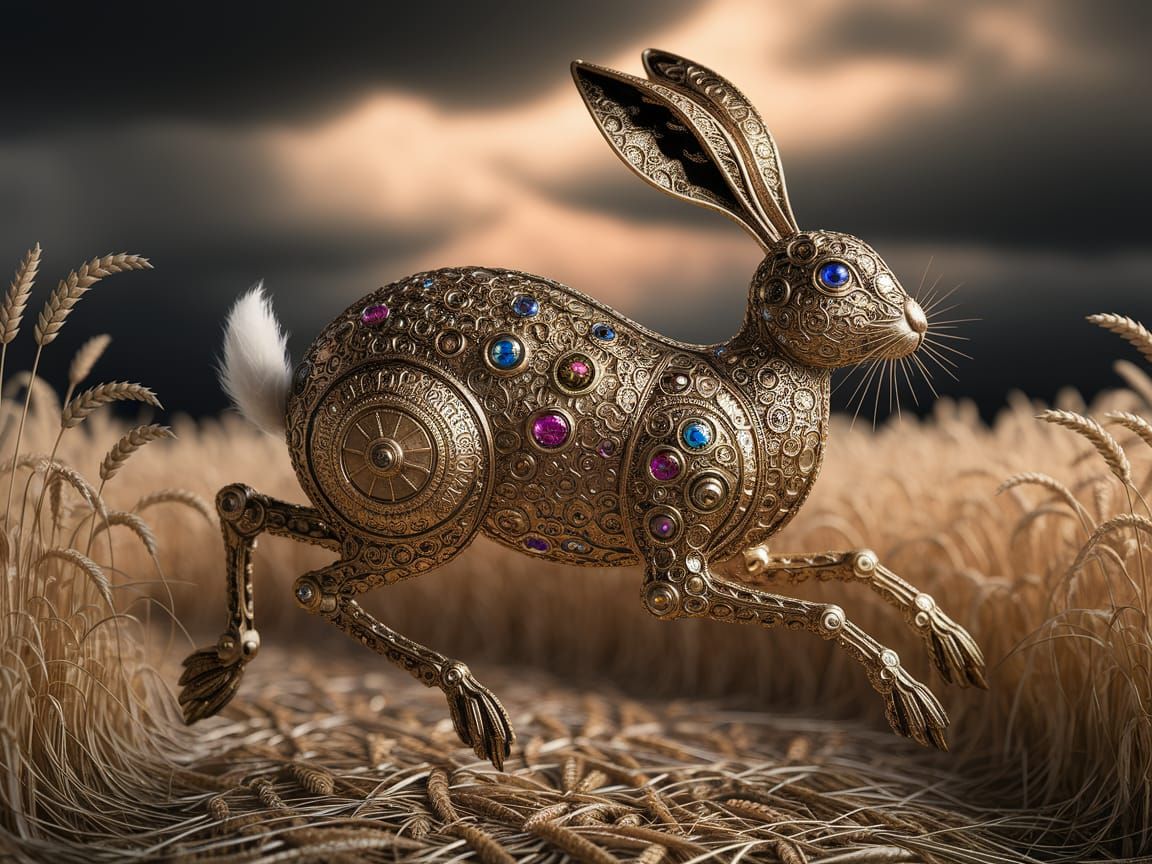 Golden Jeweled Hare in Art Nouveau Style