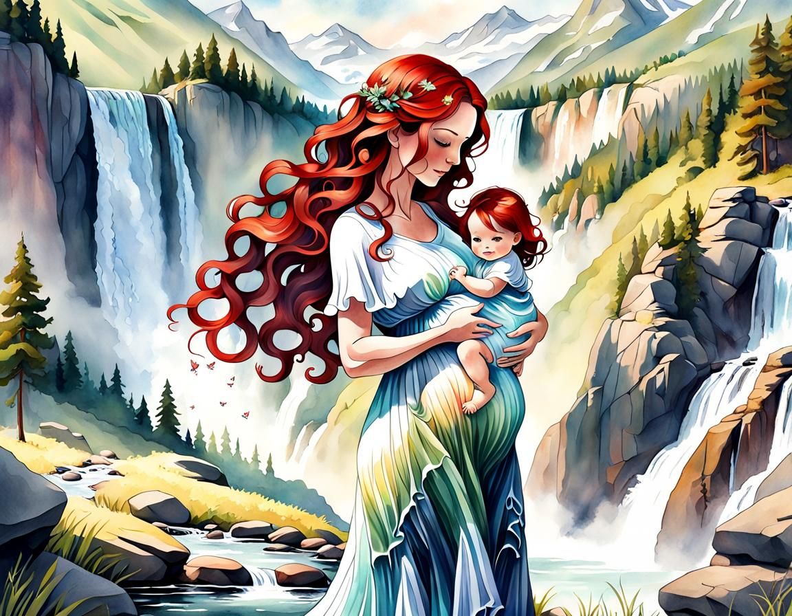 Pregnant Woman and Toddler in Watercolor Landscape