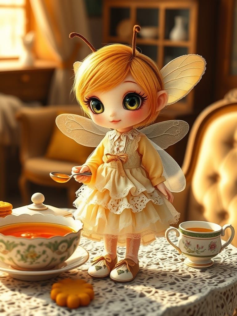 Whimsical Bee Girl in Vintage Tea Time Setting