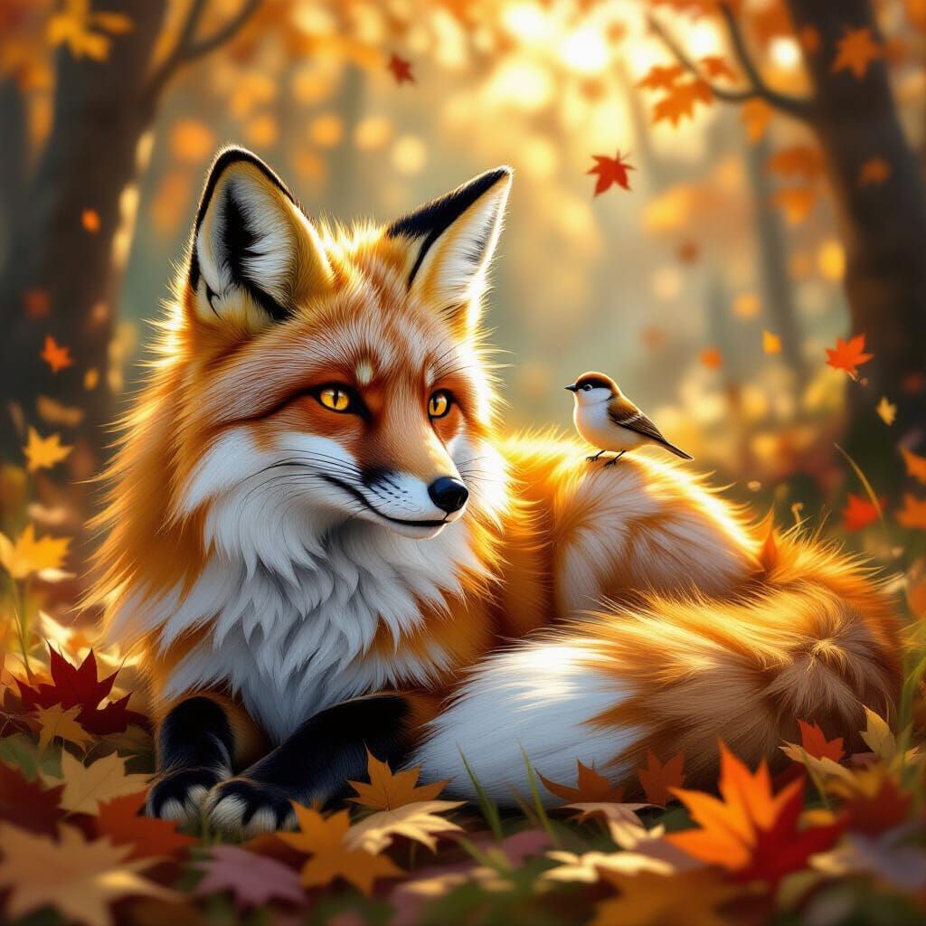 Fox and Bird in Sunlit Forest Clearing