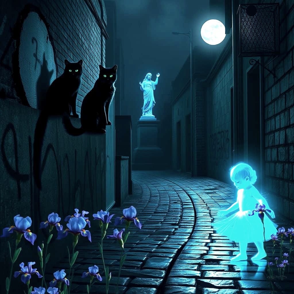 A dimly lit cobblestone alley under a pale full moon, with a surreal, gothic atmosphere. Four disheveled black cats with...