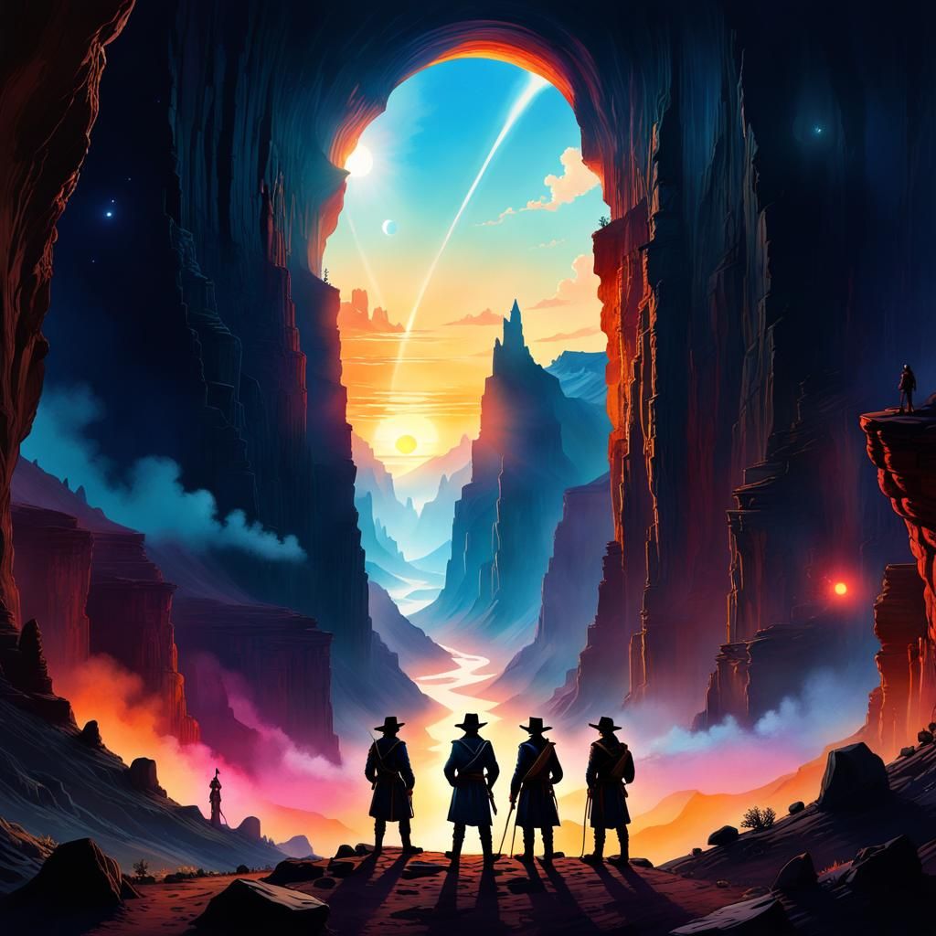 Pioneers Discovering Magical Sunset Canyon in Watercolor