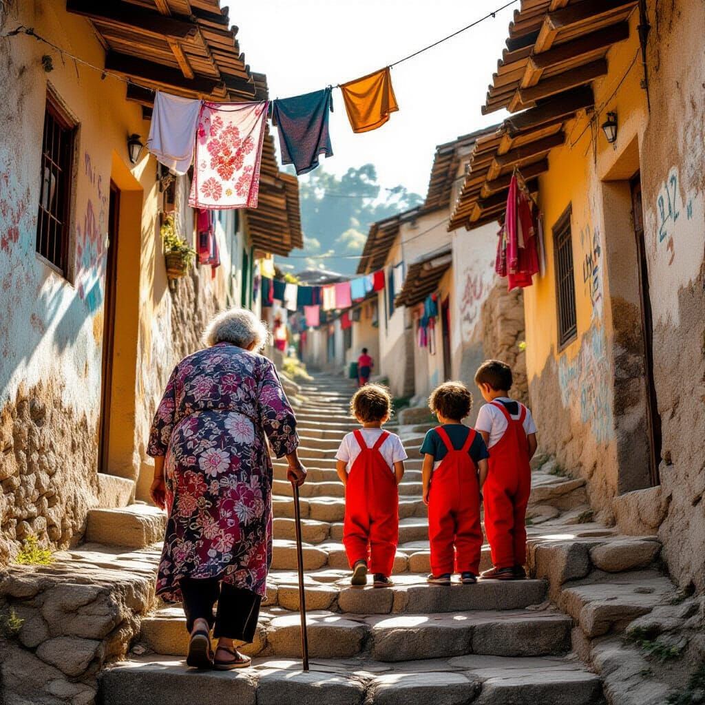 Elderly Climbs Stairs with Children Watching, Golden Sunligh...