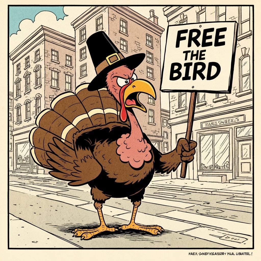 Cartoon Turkey Protests "Free the Bird" with Indignant Expre...