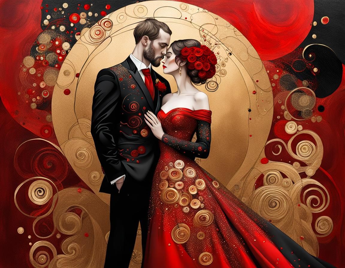 Black and Red Wedding in Gustav Klimt Style