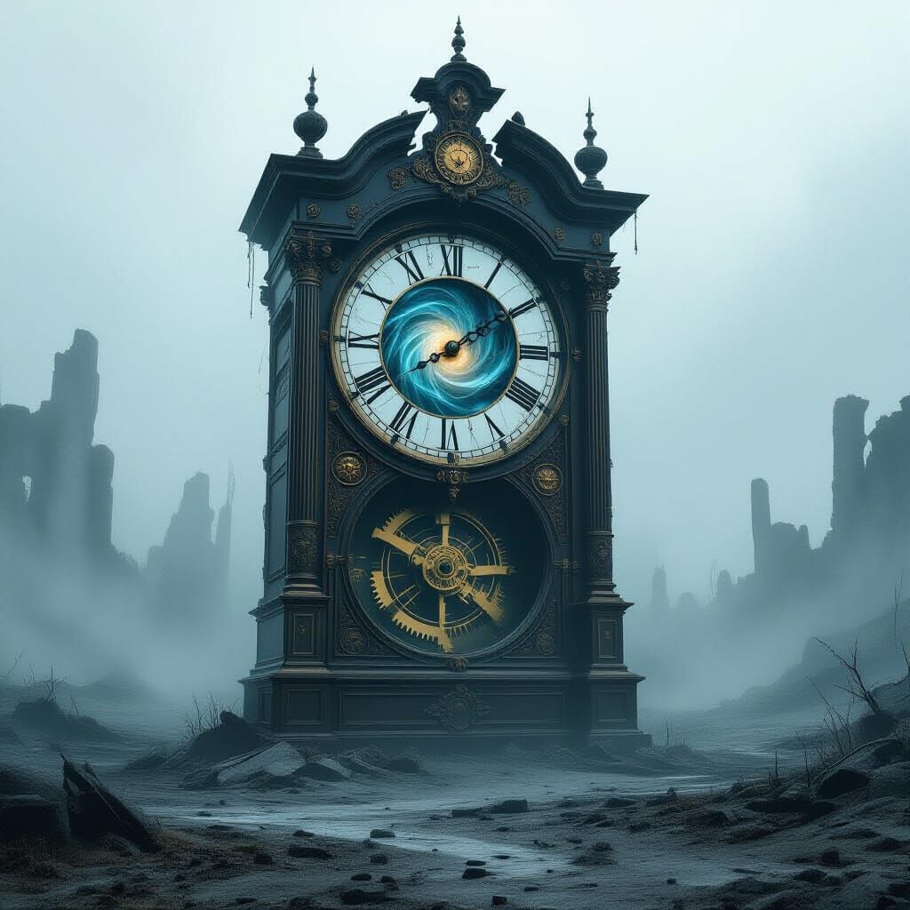 Ancient Steampunk Clock in Cosmic Wasteland