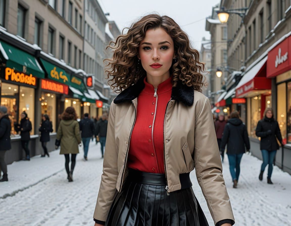 Woman in Winter City Amidst Christmas Lights