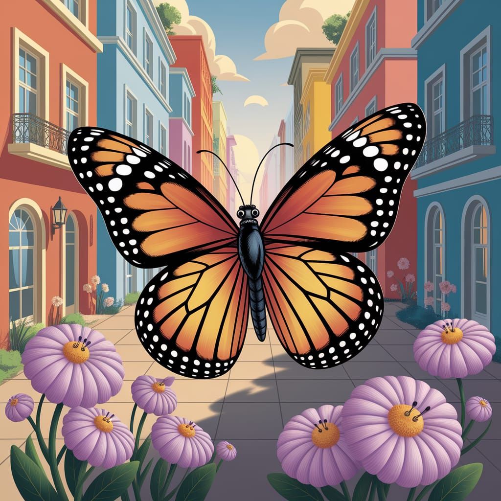 Confused Butterfly in City, Children's Illustration