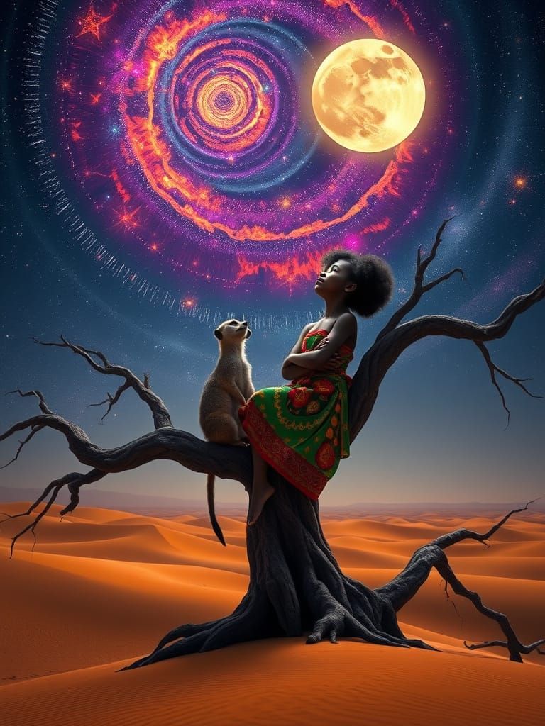 Young Girl in Banyan Tree Under Starry Night Sky