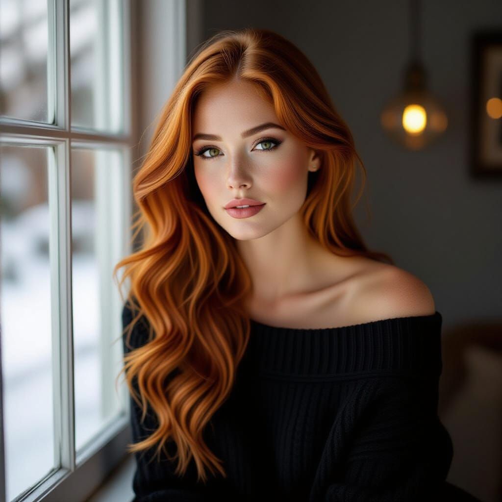 Professional Portrait of Young Ginger Woman Looking Out Wind...