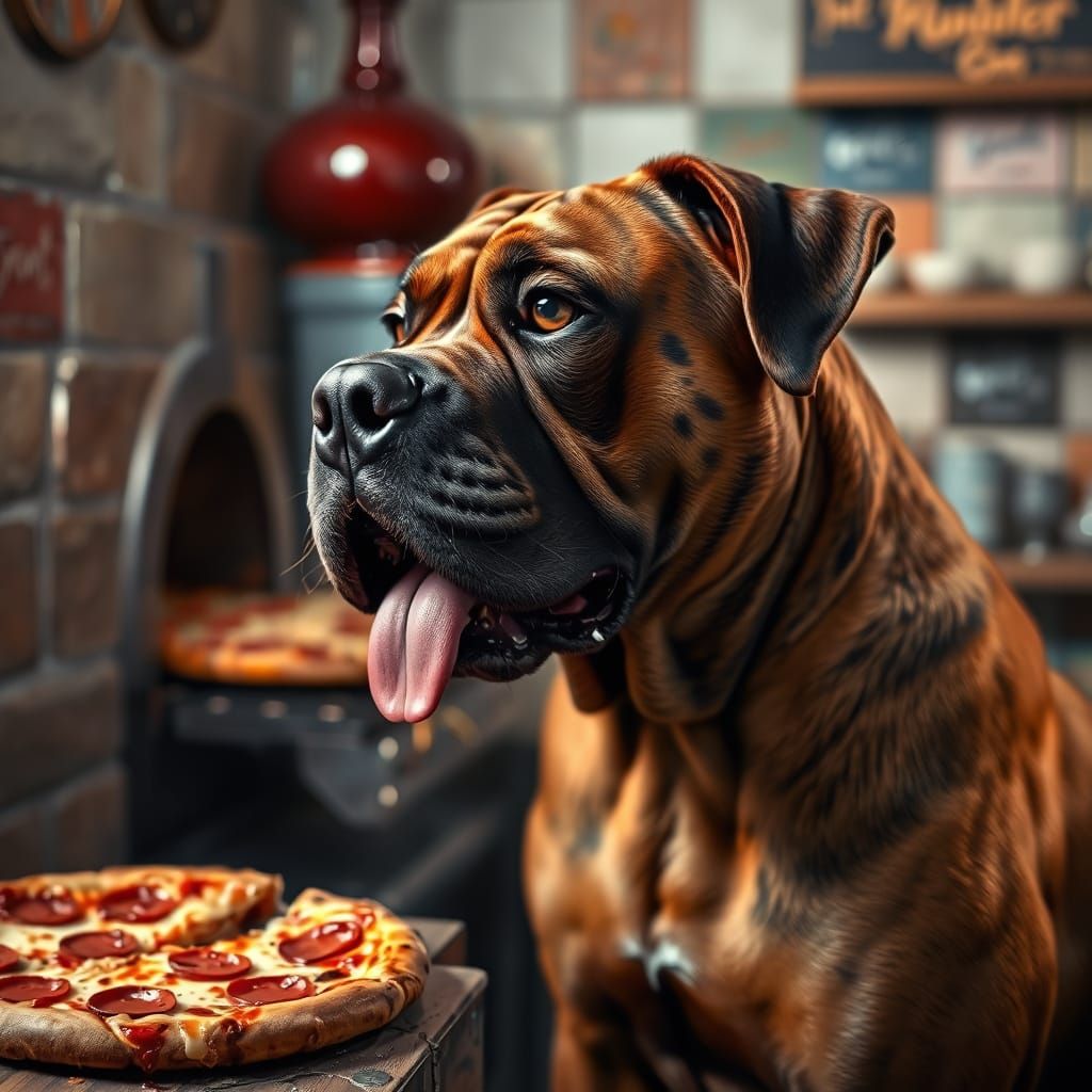 Bullmastiff Watches Pizza: Hyperrealistic Kitchen Scene