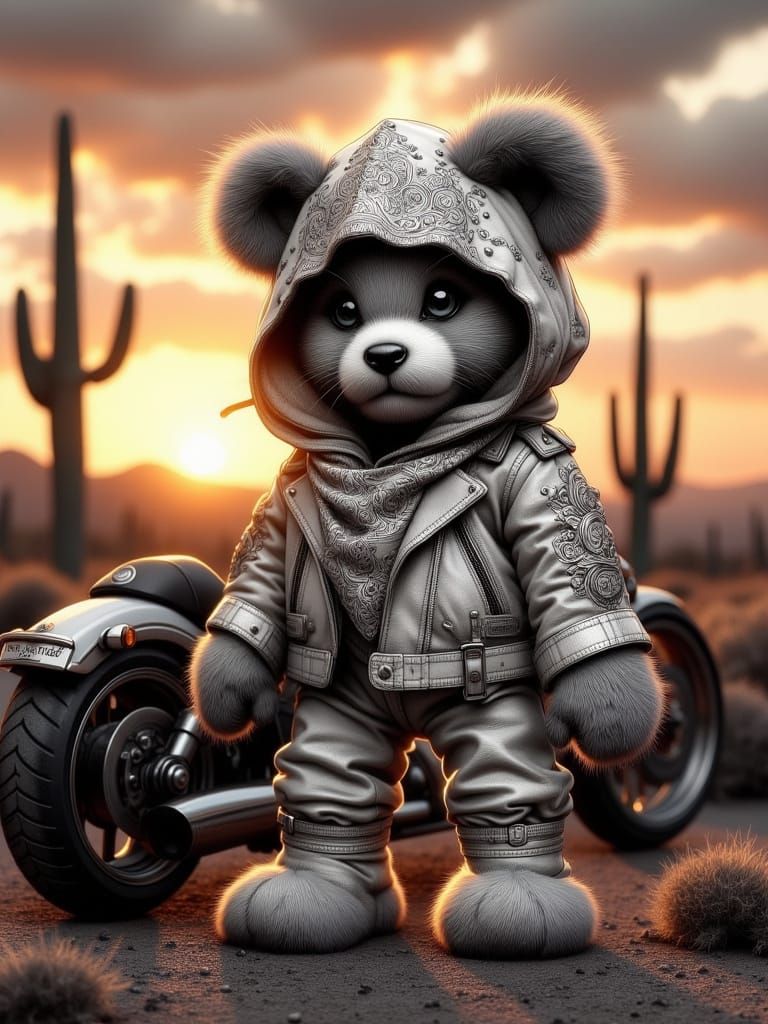 Hyper-Realistic Teddy Bear Biker in Desert Sunset