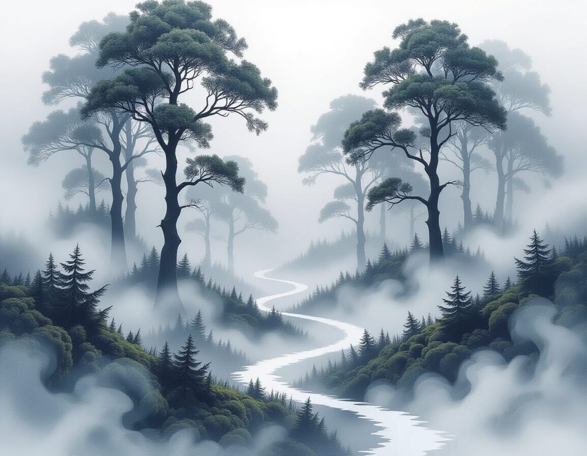 Surreal Fog Forest Landscape in Abstract Digital Art Style